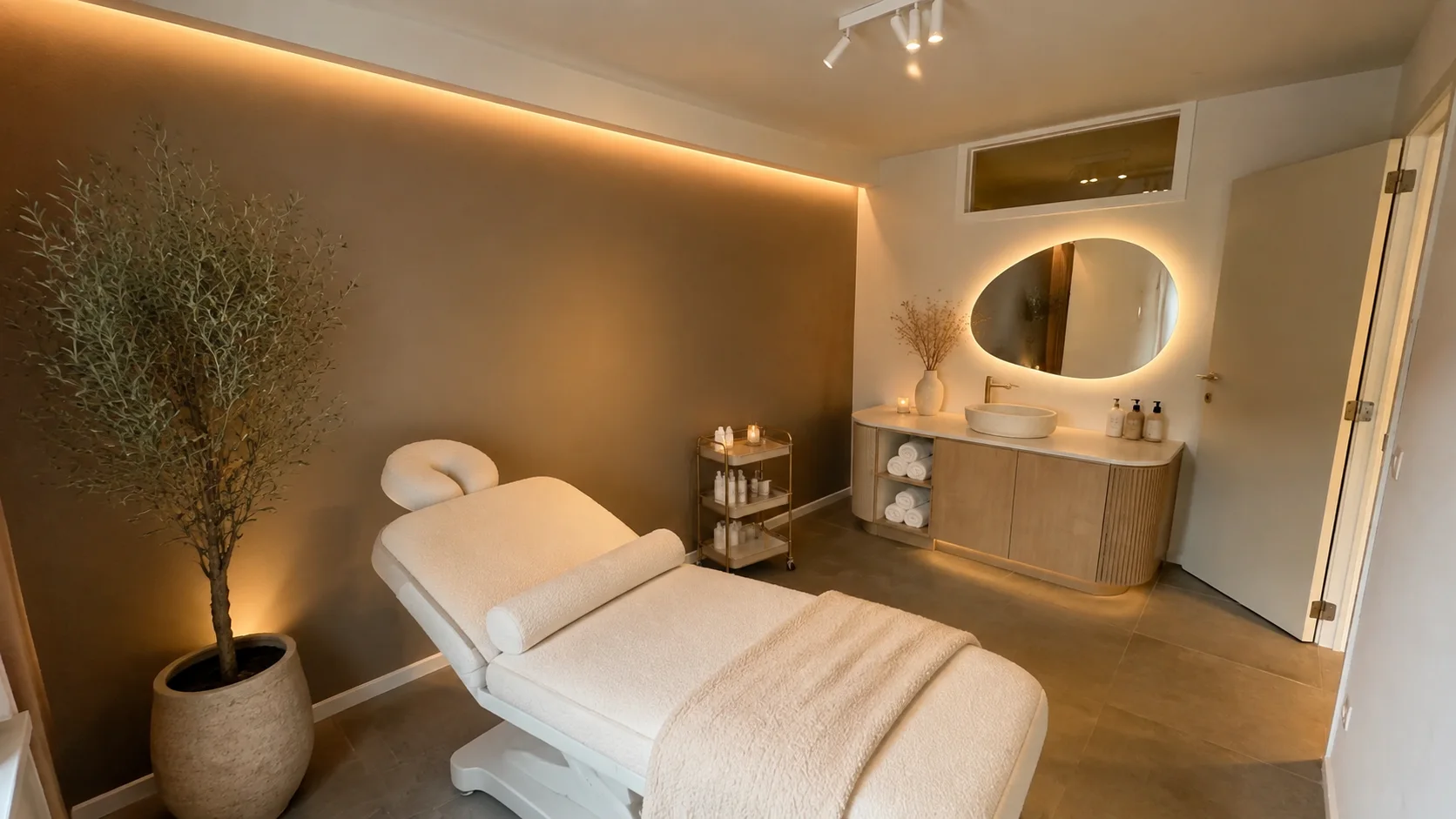 Volledige ZEÑORITA Beauty & Body behandelkamer met organische spiegel en olijfboom